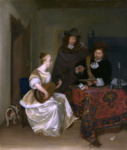 Молодая женщина и двое мужчин, играющих на теорбе