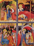 Алтарь Страстей (Вильдунгенский алтарь), левая створка. Благовещение, Рождество Христово, Поклонение волхвов, Сретение