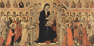 центральная часть, Мария с младенцем на престоле, ангелами, святыми и фигурами апостолов