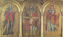 Алтарный образ из Визенкирхе в Зёсте. Иконостас с Марией и евангелистом Иоанном, общий вид, левая створка. Мария, Бог-Отец на престоле с распятым Христом, Иоанн