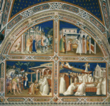 Слева наверху: Бенедикт покидает Рим; справа: Чудо с решетом; слева внизу: Король Тотила перед Бенедиктом; справа: Погребение Бенедикта