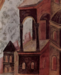 Фрески Верхней церкви Сан Франческо в Ассизи, фреска на средокрестном своде, сцена: св. Матфей, деталь: архитектура (Италия)