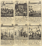 Игральные карты с изображением история испанской Армады: Дама червей, валет червей, бубновый туз, двойка бубей, четверка бубей, девятка бубей