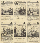 Игральные карты с изображением истории испанской Армады: Бубновый валет, бубновая дама, четверка треф, шестерка треф, десятка треф, трефовый король