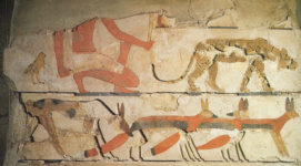 Гробница Нефермаата: рельефы, заполненные цветной пастой, со сценой охоты (1)