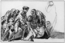Группа фигур с двумя мужчинами, пытающимися связать попарно копыта лежащей на спине мертвой оленихи