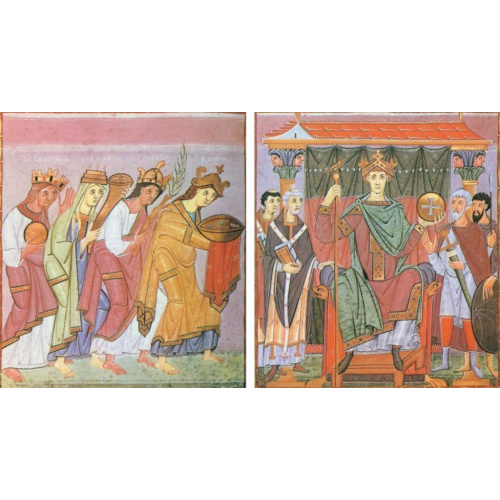 Евангелие императора Оттона III. Славия, Германия, Галлия и Рим поклоняются императору Оттону III