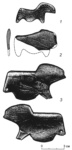 Фигурки из бивня мамонта. 1 - фигурка лошади из культурного слоя; 2 - резная фигурка мамонта из-под левого плеча мальчика в могиле 2; 3 - резная фигурка лошади с груди мальчика в могиле 2