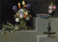 Натюрморт с цветами, артишоками, вишней и стеклянной посудой