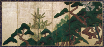 Раздвижные панели (фусума) с изображением сосны и цветущей сакуры
