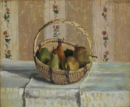 Натюрморт с яблоками и грушами в круглой корзине