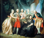 Императрица Мария Терезия, королева Венгрии и Богемии, с семьей (Альберт Саксонский-Тешенский и Мария Кристина, показывающая картины, привезенные из Италии, за ней — Максимилиан, Мария Анна, Мария Елизавета, Иосиф II, прислонившийся к стулу)