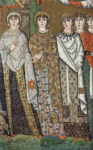 Мозаики хоров из церкви Сан Витале в Равенне. Императрица Феодора и ее двор. Фрагмент. Придворные дамы