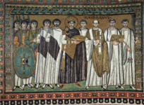 Мозаики хоров из церкви Сан Витале в Равенне. Император Юстиниан, епископ Максимилиан и придворные