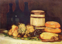Натюрморт с фруктами, бутылками и хлебами