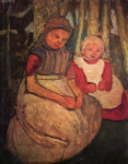 Две сидящие девочки в березовой роще