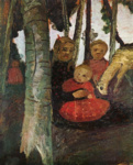Трое детей с козой в березовой роще