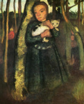 Девочка с кошкой в березовой роще