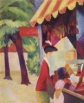 Перед шляпной лавкой (Женщина в красном жакете и ребенок)