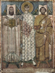 Св. Димитрий с основателями церкви. Мозаика церкви св. Димитрия в Фессалониках