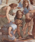 Станца делла Сеньятура в Ватикане.  Афинская школа. Фрагмент. Евклид (Браманте) и ученики