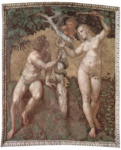 Станца делла Сеньятура в Ватикане. Фреска в плафоне. Фрагмент. Адам и Ева