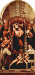 Алтарный полиптих Реканати, средняя доска. Мария на троне с младенцем Иисусом, три ангела, св. Доминик, св. Григорий и св. Урбан