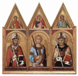 Алтарный образ из Кембриджа. Трое святых с ангелами в навершиях. Слева направо: св. Амвросий, архангел Михаил, св. Августин