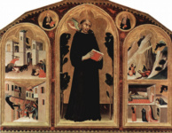 Триптих блаженного св. Августина Новелла, средняя доска. Августин и ангел, шепчущий ему на ухо. На боковых досках сцены с чудесными исцелениями св. Августина