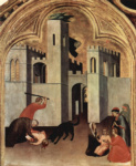 Триптих блаженного св. Августина Новелла, левая доска, сцена вверху. Августин исцеляет смертельно укушенного собакой ребенка