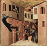 Триптих блаженного св. Августина Новелла, левая доска, сцена внизу. Августин воскрешает упавшего с балкона ребенка