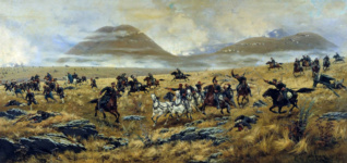 Нижегородские драгуны, преследующие турок по дороге к Карсу во время Аладжинского сражения 3 октября 1877 года