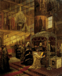 Царь Алексей Михайлович и Никон, архиепископ Новгородский, у гроба чудотворца Филиппа, митрополита Московского