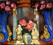 Натюрморт с фарфоровыми фигурками и розами