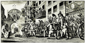 Большие иллюстрации к поэме Сэмюэля Батлера «Гудибрас» [11], Символическое сожжение членов парламента перед пивной возле городских ворот Темпль в Лондоне