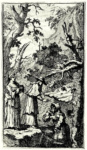 Иллюстрация к «Новым метаморфозам» Чарльза Гилдона, Донна Анжела держит на руках превращенного в комнатную собачку Фантазио, пока кардинал разговаривает с отшельником