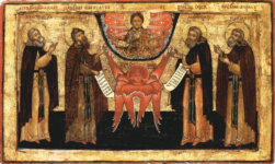 Четверо святых настоятелей с серафимом и благословляющим Христом