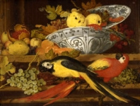 Натюрморт с фруктами и попугаями ара