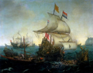 Голландские корабли выступают против фламандских галер у фламандского побережья в октябре 1602