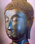 Скульптурная голова безмятежно улыбающегося Будды. Его волосы собраны в аккуратные завитки