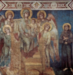 Фрески Нижней церкви Сан Франческо в Ассизи, правый неф: Мадонна на троне, четыре ангела и св. Франциск